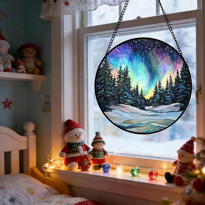 DASTOLL Stained Glass Window Hanging, Aurora Landscape Sun Catchers Glass Panel Green Trees Suncatcher Decor for Birthday for Women, Men, Wife, Aunt, and Mom 11.8x11.8 in