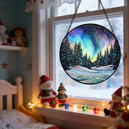 DASTOLL Stained Glass Window Hanging, Aurora Landscape Sun Catchers Glass Panel Green Trees Suncatcher Decor for Birthday for Women, Men, Wife, Aunt, and Mom 11.8x11.8 in