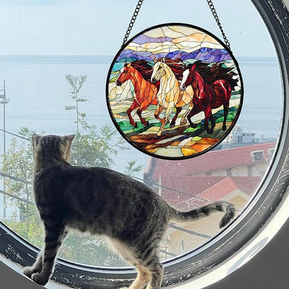 Stained Glass Window Hanging, Galloping Horses Sun Catcher for Door Home Decor Colorful Suncatcher Christmas Mother's Day Birthday Gifts for Women Men Mom and Nana 7.8 in