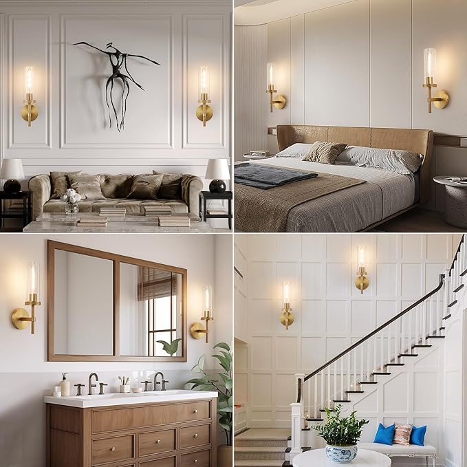 15" Knurled Brass Wall Sconces Set of 2, Gold Bathroom Vanity Light Fixtures with Clear Glass Tube, Modern Lamp Lighting for Bedroom, Living Room, Hallway, Staircase, Mirror, Kitchen