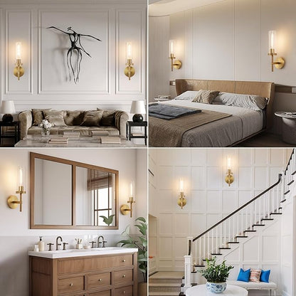 15" Knurled Brass Wall Sconces Set of 2, Gold Bathroom Vanity Light Fixtures with Clear Glass Tube, Modern Lamp Lighting for Bedroom, Living Room, Hallway, Staircase, Mirror, Kitchen