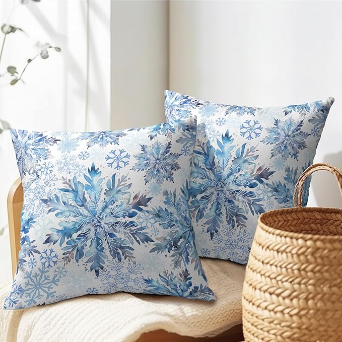Christmas Pillow Covers 22x22 Set of 2 Decorations Blue White Snowflakes Throw Pillow Covers Decorative Vintage Winter Pillow Case Farmhouse Rustic Pillowcases Cozy Soft for Sofa Bed Chair Home Decor