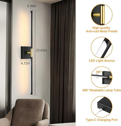 Battery Operated Wall Sconce Single, Black Gold Rechargeable Wall Sconce with Remote, Dimmable Sconce Wall Light, 24 Inch LED Wireless Wall Light for Background Wall, Bedroom,Living Room