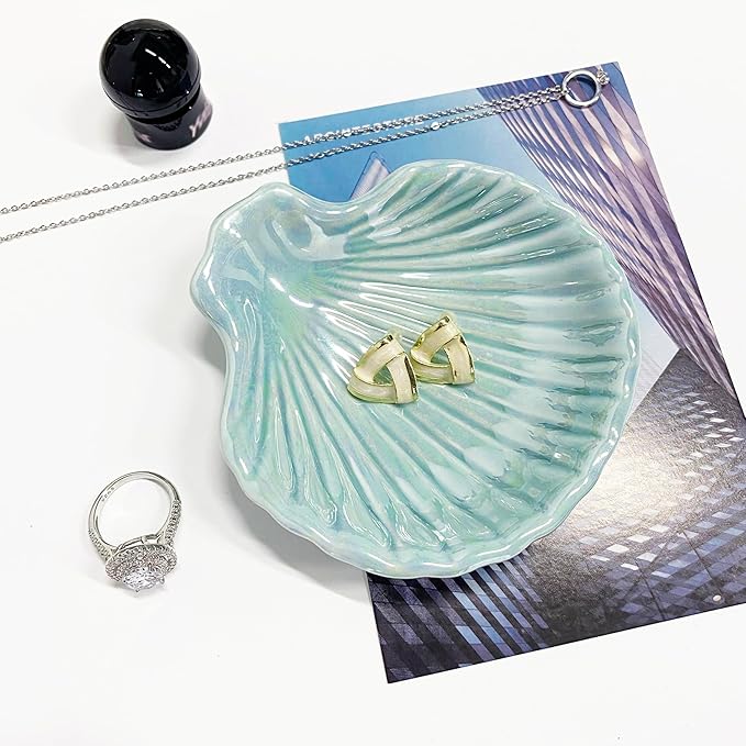 Ring Dish Shell Shape Ceramic Jewelry Dish Tray, Decorative Trinket Dish Organizing Rings Earrings Necklaces Keys for Mom Friend Sister, 3.9", Blue Iridescent Surface