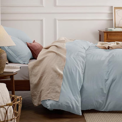 Bedsure 100% Stone Washed Cotton Duvet Cover Queen - Cornflower Blue Minimalist Duvet Cover Linen Like for All Seasons - GentleSoft™ Plain Simple Bedding (Cornflower Blue, Queen, 90"x90")