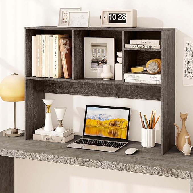 GOFLAME 4 Cubes Desktop Bookshelf, 37” Tabletop Wood Desk Shelf for Computer Monitor, Modern Countertop Desk Display Hutch Storage Organizer Shelf for Home Office, Dorm, Study (Grey)