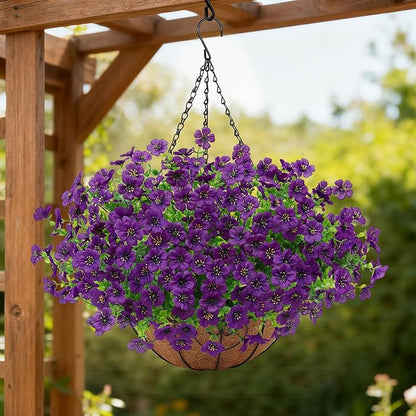 Artificial Fake Hanging Plants Flowers Basket Outdoors Outside Summer Decor, Hanging Planter with Faux Silk Daisy Flower Realistic UV Resistant for Porch Front Patio Balcony Garden Yard Spring（Purple）