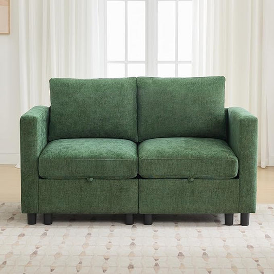 58”Modular Sectional Loveseat Sofa, Modern Love Seat 2 Seater Sofa Couch with Storage, Chenille Modular Sectional Couch for Living Room, Bedroom, Office, Small Apartment, Dark Green