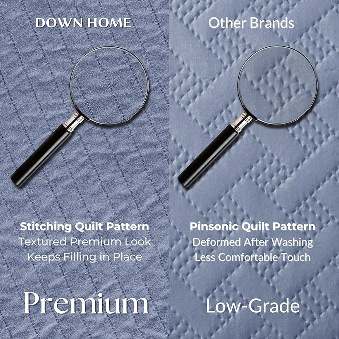 DOWN HOME Twin Quilt Bedding Set with Sham, Vintage Washed Soft Quilted Blanket Thin Comforter Lightweight Bedspread Coverlet Bed Cover, Brushed Microfiber Stripe Stitching, Vintage Denim, 66"x92"