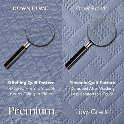 DOWN HOME Cali King Quilt Bedding Set with Shams, Vintage Washed Quilted Blanket Thin Comforter Lightweight Bedspread Coverlet Bed Cover, Brushed Microfiber Stripe Stitching, Vintage Denim, 111"x92"