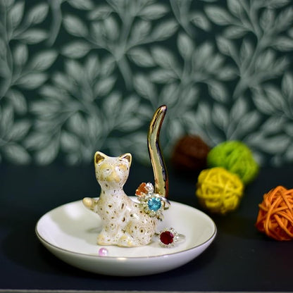 Happy Cat Natural Pattern Glazed Plated Gold Ceramic Elegant Engagement Wedding Rings Trinket Dish