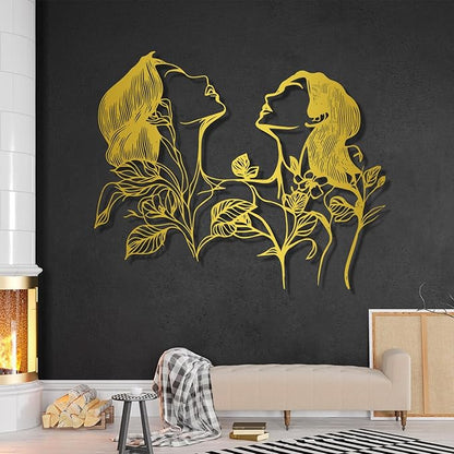 Metal Feminine Wall Art, Female Silhouette Line Art, Metal Flower Female Wall Decor, Metal Minimalist Abstract Woman and Flower Wall Art Single Line for Livingroom, Bedroom (Gold, 24"x19"/60x49cm)