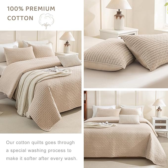 Sanracie 100% Cotton Oversized King Quilt (120"x120"), Warm Taupe Colored Cross Stitch Pattern Quilt Bedding Set 3Pcs Ultra Soft Cozy California King Bed Coverlet Set for All Season