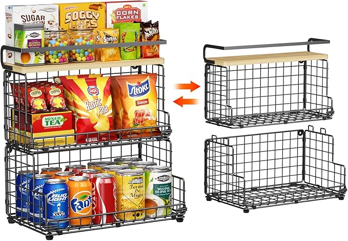 X-cosrack 3-Tier Stackable Snack Organizer with Pine Wood Top-Trapezoid Metal Wire Basket, Countertop & Wall Mounted Snack Holder for Kitchen Pantry Cabinet, Muti-functional Food Fruit Stoarge, Black
