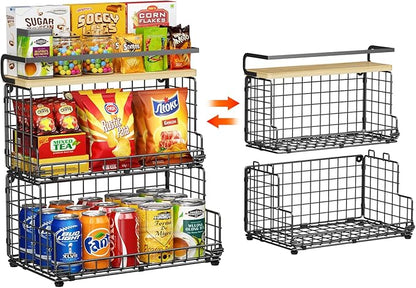 X-cosrack 3-Tier Stackable Snack Organizer with Pine Wood Top-Trapezoid Metal Wire Basket, Countertop & Wall Mounted Snack Holder for Kitchen Pantry Cabinet, Muti-functional Food Fruit Stoarge, Black