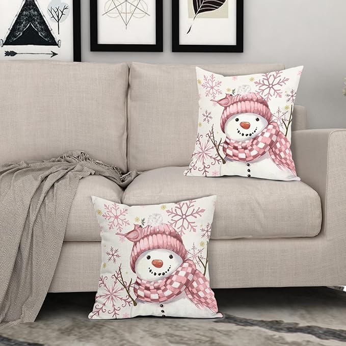 Christmas Pillow Covers 22x22 Set of 2 Pink Snowman Throw Pillow Covers Winter Pillowcase Linen Decoration Farmhouse Bird Cozy Soft Cushion Case Couch for Indoor Outdoor Home Decor