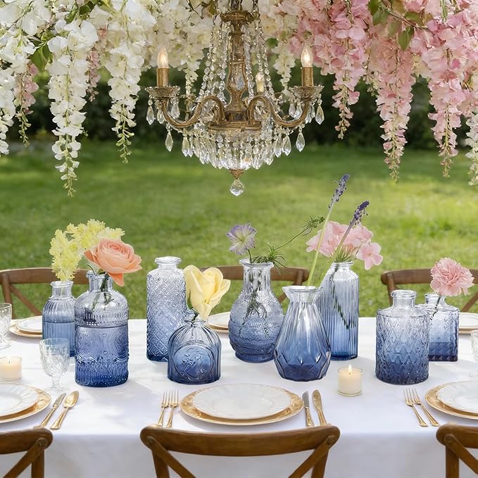 Coastal Blue Glass Bud Vases in Bulk 12, Assorted Embossed Boho Small Flower Vases for Centerpieces, Wedding, Party, Events, Modern Decorative Blue Mini Vase Bottles for Table, Shelves, Home