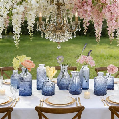 Coastal Blue Glass Bud Vases in Bulk 12, Assorted Embossed Boho Small Flower Vases for Centerpieces, Wedding, Party, Events, Modern Decorative Blue Mini Vase Bottles for Table, Shelves, Home