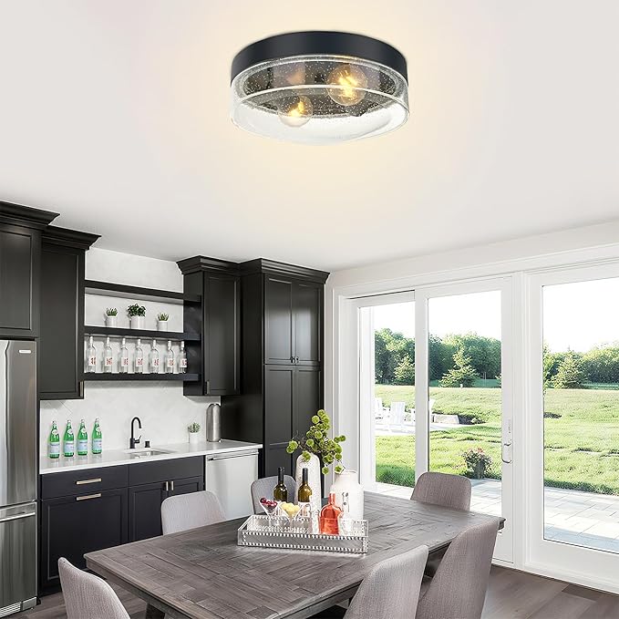Flush Mount Ceiling Light Fixtures, 2-Light Farmhouse Light Fixtures Ceiling Mount with Seeded Glass Lampshade, Industrial Flush Mount Light Fixture Farmhouse for Hallway, Kitchen, Entryway and Foyer