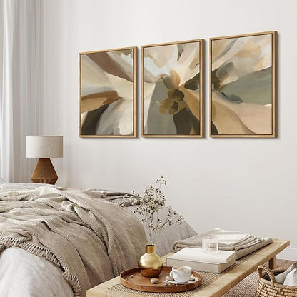 MUDECOR Framed Wall Art Print Set Minimalist Earthy Abstract Floral Illustrations Modern Art Boho Decorative Colorful Chic for Living Room, Bedroom, Office - 24"x36"x3 Natural