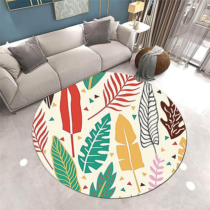 Medieval Round Rug, 4ft, Palm Leafy Simple Rug, Soft Non-Slip Machine Washable Round Rug, Bohemian Round Bath Mat for Living Room Bedroom Bedside Bathroom Entrance Mat