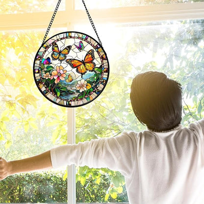DASTOLL Stained Glass Window Hanging, Butterflies Flying in The Sky Suncatcher for Doors Home Sun Catchers Decoration and Christmas, Mother's Day Birthday Gifts for Women, Men, and Mom 7.8 in