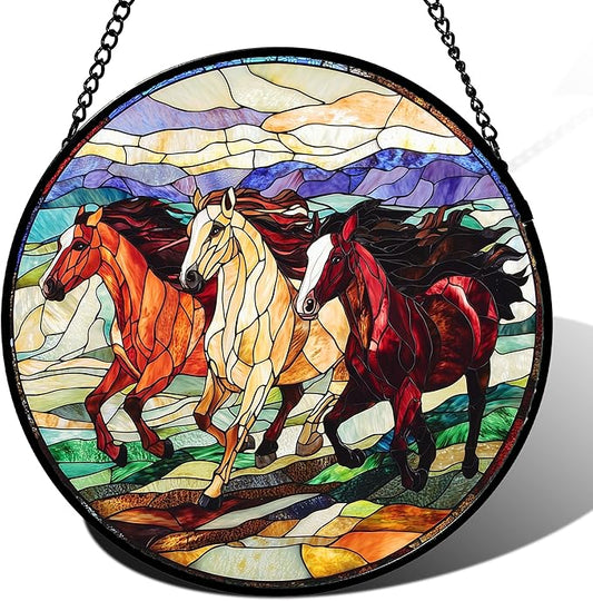 DASTOLL Stained Glass Window Hanging, Colorful Landscape Running Horse Suncatcher for Doors Window Home Sun Catchers Decoration Mother's Day Birthday Gifts for Women, Men, and Mom 9.8x9.8 in