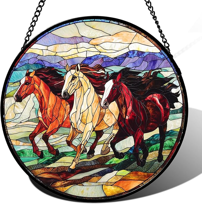 DASTOLL Stained Glass Window Hanging, Colorful Landscape Running Horse Suncatcher for Doors Window Home Sun Catchers Decoration Mother's Day Birthday Gifts for Women, Men, and Mom 6.3x6.3 in
