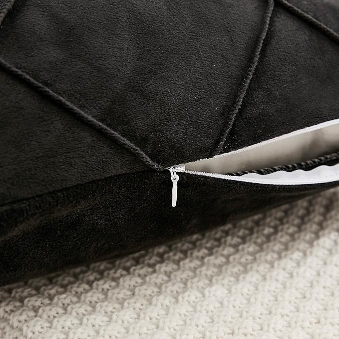 JAUXIO Diamond Pinch Pleated Crystal Velvet Pillowcases 2 Pack Solid Pintuck Throw Cushion Cover for Home Decor Hidden Zipper Closure (Black, King)