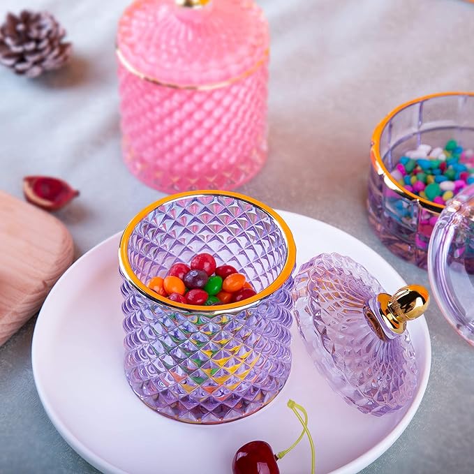Glass Jewelry Box Purple Trinket Dish Crystal Candy Jars with Lids Candy Dishes Decorative Apothecary Jars Small Storage Bowl Unique Gifts for Women