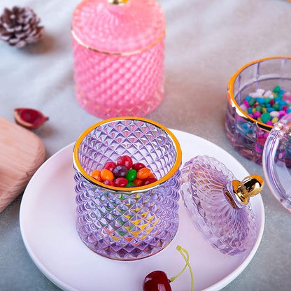 Glass Jewelry Box Purple Trinket Dish Crystal Candy Jars with Lids Candy Dishes Decorative Apothecary Jars Small Storage Bowl Unique Gifts for Women