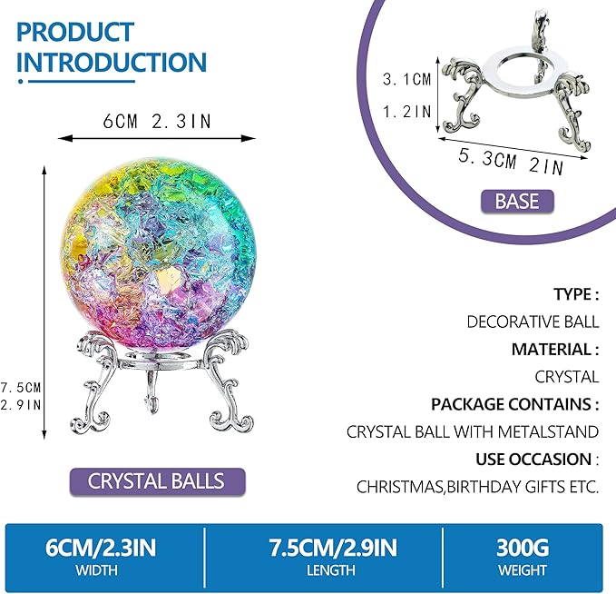 ZEERSHEE 60mm Colorful Ice Cracked Crystal Ball with Stand Decorative Glass Ball Paperweight for Home Wedding Office Christmas Decor