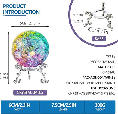 ZEERSHEE 60mm Colorful Ice Cracked Crystal Ball with Stand Decorative Glass Ball Paperweight for Home Wedding Office Christmas Decor