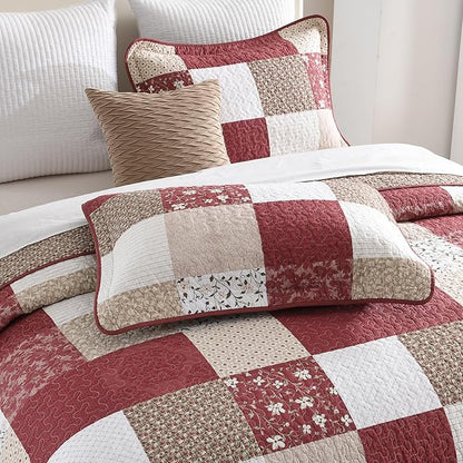 100% Cotton Oversized King Bedspread 120"x120" - Lightweight Vintage Country Quilt - 3 Piece California King Bedspreads Coverlet Set - Reversible Plaid Floral Bedding in Burgundy/Beige/Taupe/White