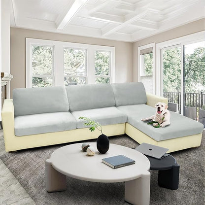 MAXIJIN Velvet Stretch Couch Cushion Covers Soft Sofa Cushion Cover Replacement Sofa Seat Cushion Slipcovers Furniture Protector with Elastic Bottom (1 Piece Sofa Cushion Cover, Silver Grey)