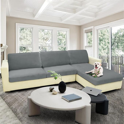 MAXIJIN Velvet Stretch Seat Cushion Covers Couch Cushion Cover for Individual Cushions Sofa Seat Cushion Slipcovers with Elastic Bottom (2 Piece Sofa Cushion Covers, Light Grey)