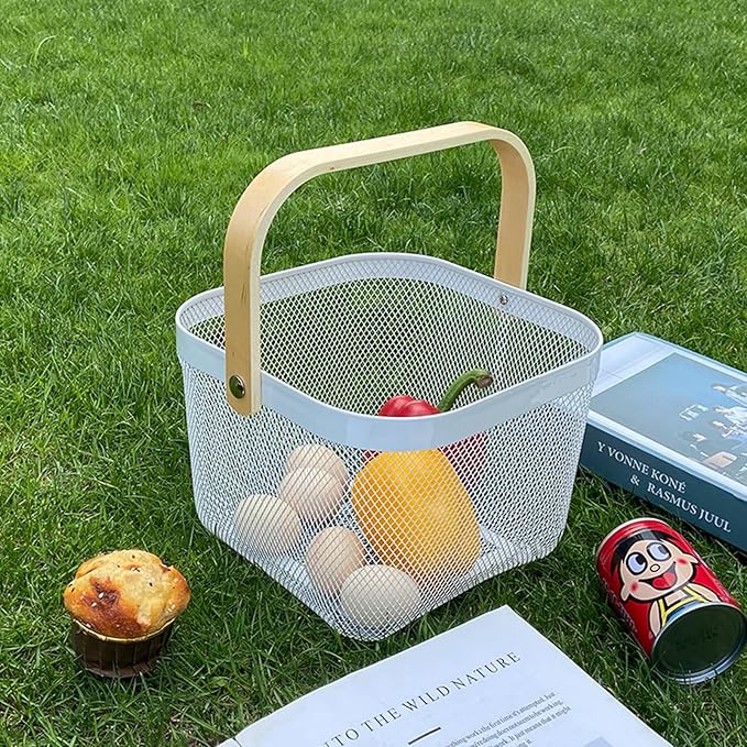 Metal Mesh Wire Basket, Large Steel Basket with Wooden Handle Storage Organizer Basket Multi-functional Hanging Kitchen Baskets Fruit Baskets for Kitchen Bathroom Cabinet Pantry Snacks, White