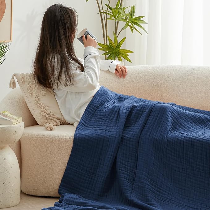 Love's cabin 6 Layer 100% Cotton Muslin Blanket, 60"x80" Twin Muslin Blanket for Couch Bed, Lightweight and Breathable Cotton Gauze for Adult, Dark Blue