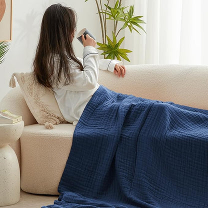 Love's cabin 6 Layer 100% Cotton Muslin Blanket, 108"x90" Muslin King Size Blanket for Bed Couch, Lightweight and Breathable Cotton Gauze for Adult, Dark Blue
