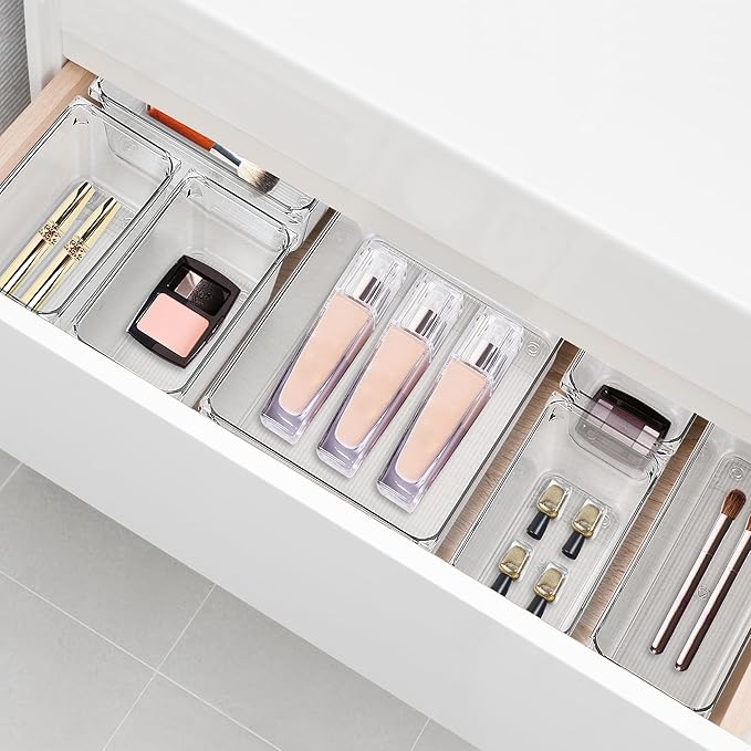 4 Pack Drawer Organizer - 6" X 9" Clear Acrylic Storage Bins with Non-Slip Pads, Versatile Desk Tray for Makeup, Jewelry, Kitchen, Bathroom, and Office Organization