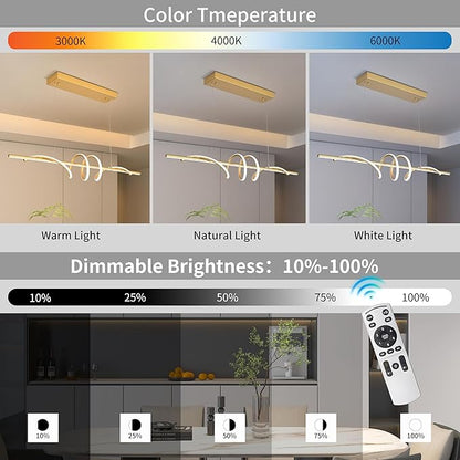 Modern LED Pendant Light, 39.37in Gold Chandelier Dimmable,3000K-6000K Adjustable Color Temperature, Aluminum Modern Kitchen Light Fixture for Dining Room