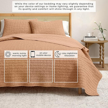 Great Bay Home King Size 100% Cotton Honeycomb Waffle Quilt and Sham Set - Garment Washed, Waffle Weave Like Texture, Lightweight 3-Piece Bedding Set (Clay)