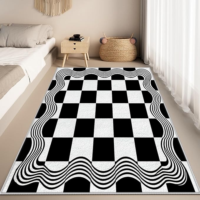 Checkered Area Rug, Checkerboard Rug, Geometric Plaid Washable Rugs 3x4, Modern Checkered Area Rugs, Wavy Line Carpet Non Slip for Bedroom Retro Home Decor Door Mat