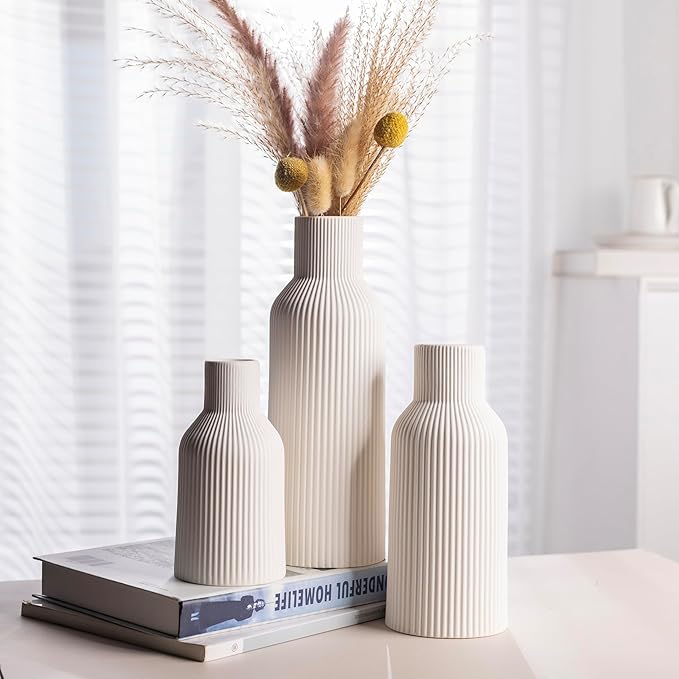 White Ceramic Vases Set of 3 - Modern Matte Ribbed Vases for Pampas Grass & Dried Flowers - Minimalist Decorative Centerpieces for Living Room, Shelf, Entryway & Wedding (Not for Water)
