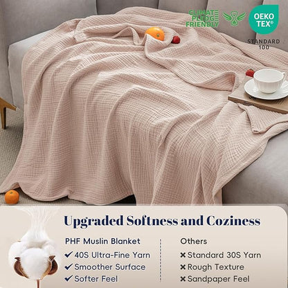 PHF 100% Cotton Muslin Blanket Twin XL Size 66"x90", 4-Layer Lightweight Gauze Throw, Breathable Cloud-Soft Minimalist Blanket for Bed, Couch, Camping & Baby, Dusty Pink, Ideal Gift