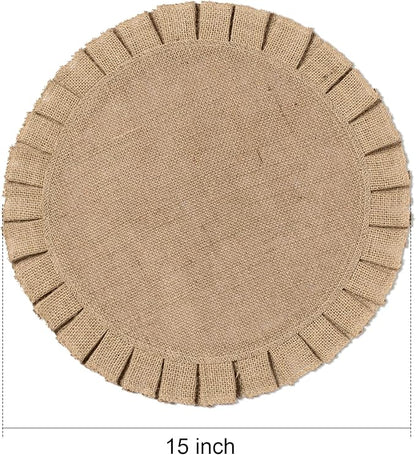 FunWheat Burlap Round Braided Placemats Set of 6 for Dining Tables 15 Inch Heat Resistant Jute Table Mats Farmhouse Woven Fabric Natural Place mats for Decoration(Ruffled Lace)