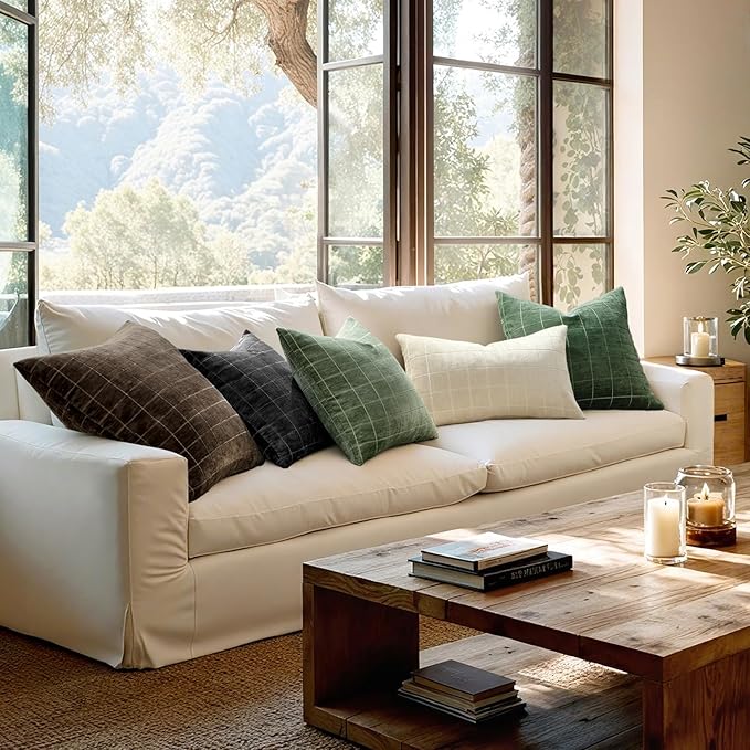 MIULEE Decorative Chenille Check Throw Pillow Covers Vintage Plaid Couch Pillows 20x20 Inch Set of 2 Neutral Boho Farmhouse Cushion Covers Modern Spring Home Decor for Sofa Bed Living Room Sage Green