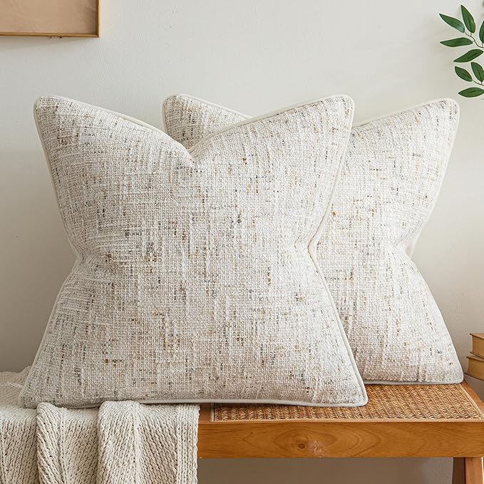 a moment Christmas Beige Reversible Pillow Covers 2 Pack - Farmhouse Chenille Throw Pillows, Neutral Textured Decorative Throw Pillow Covers with Border for Couch Sofa Bed (20x20 Inch, No Insert)