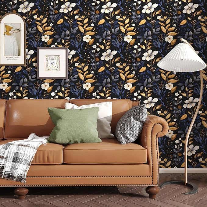 Blue/Gold Leaf Wallpaper Peel and Stick Vintage Dark Floral Wallpaper Waterproof Self Adhesive Removable Boho Wall Paper Modern for Bedroom Walls Drawer Cabinet 17.5in x393in