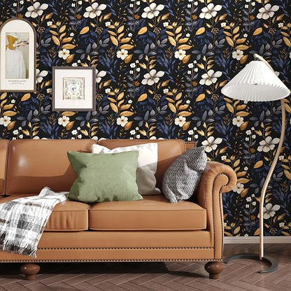 Blue/Gold Leaf Wallpaper Peel and Stick Vintage Dark Floral Wallpaper Waterproof Self Adhesive Removable Boho Wall Paper Modern for Bedroom Walls Drawer Cabinet 17.5in x393in